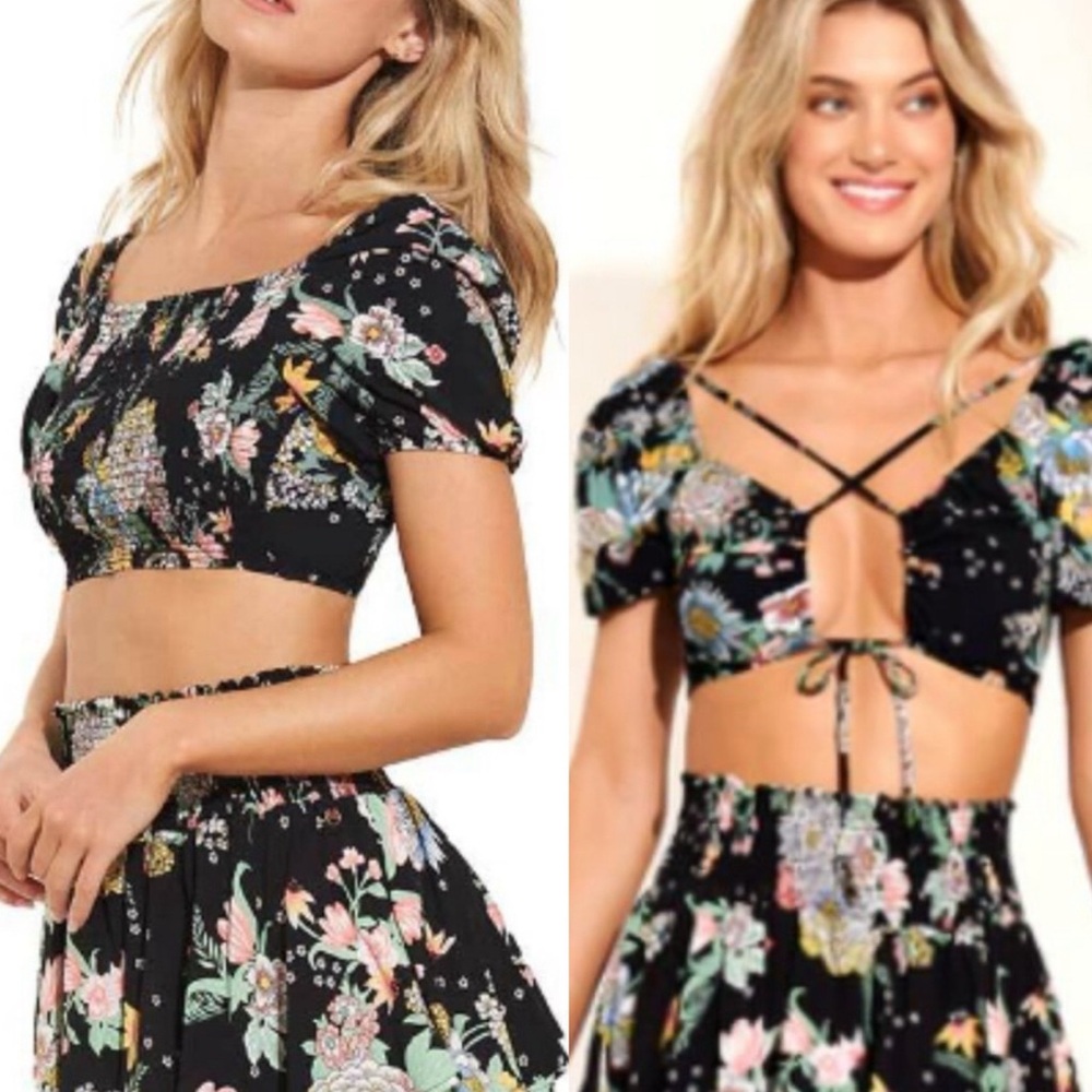 NWT Maaji Black Floral Crop Blouse Top with lace up back Anthropologie